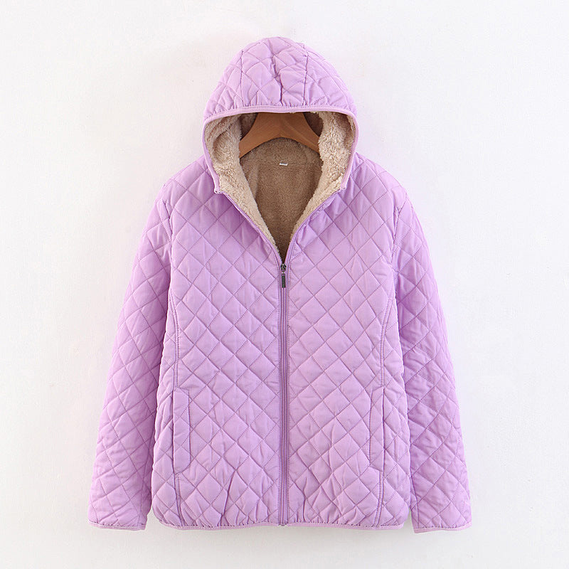 winter clothing Korean version slim and thin plaid lamb wool hooded closure thickened warm cotton-padded clothes women's plus size