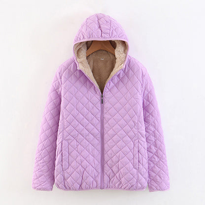 winter clothing Korean version slim and thin plaid lamb wool hooded closure thickened warm cotton-padded clothes women's plus size