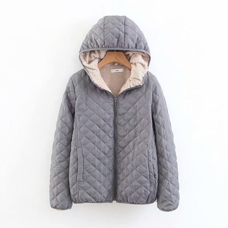 winter clothing Korean version slim and thin plaid lamb wool hooded closure thickened warm cotton-padded clothes women's plus size