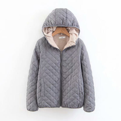 winter clothing Korean version slim and thin plaid lamb wool hooded closure thickened warm cotton-padded clothes women's plus size