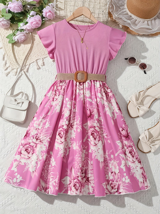 Charming Summer Floral Dress for Girls - Soft Ribbed Texture, Delicate Flutter Sleeves - Perfect for Vacation, Beach, and Casual Wear