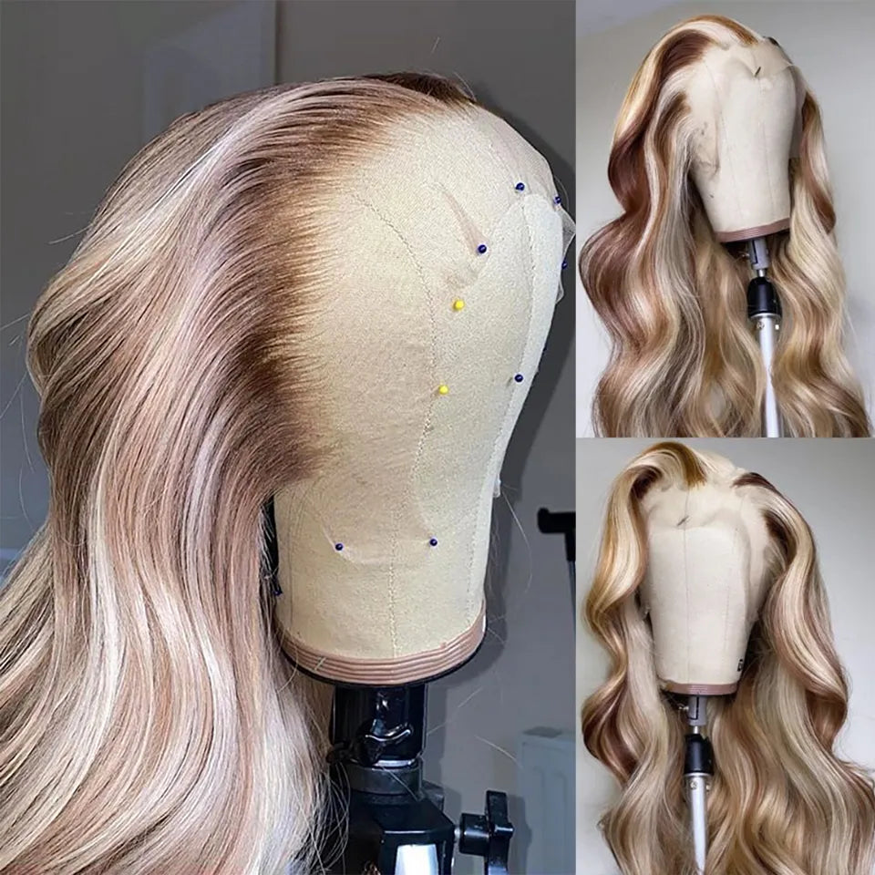 Peruvian Hair Blonde Highlight Lace Front Wig Body Wave 13X4 Lace Frontal Wigs Honey Blonde Colored Synthetic Cosplay Wigs for Black Women