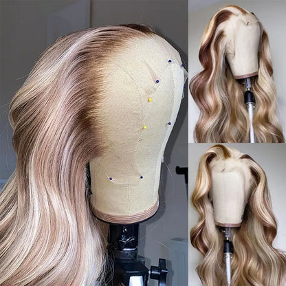 Peruvian Hair Blonde Highlight Lace Front Wig Body Wave 13X4 Lace Frontal Wigs Honey Blonde Colored Synthetic Cosplay Wigs for Black Women