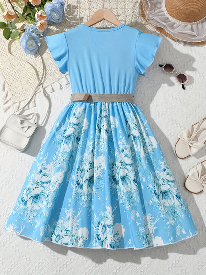 Charming Summer Floral Dress for Girls - Soft Ribbed Texture, Delicate Flutter Sleeves - Perfect for Vacation, Beach, and Casual Wear