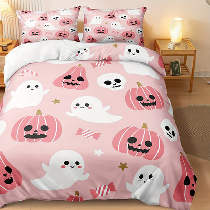 Halloween & Ghost Themed Duvet Cover Set, 3 Piece - 100% Polyester Lightweight Sanded Fabric, All-Season Digital Printed Bedding with Zipper Closure - Includes 1 Duvet Cover and 2 Pillowcases, Machine Washable, No Duvet Insert