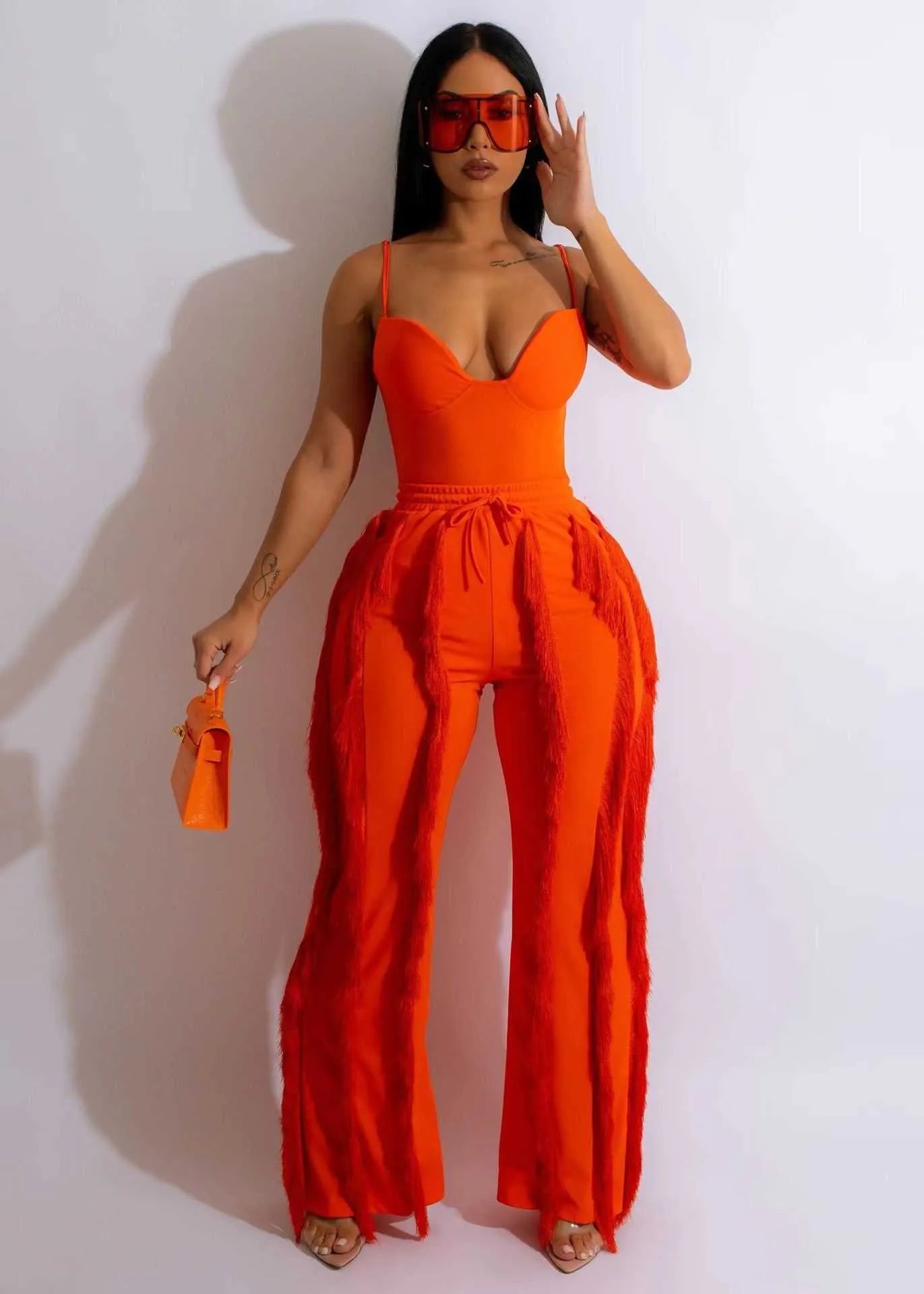 Womens Designer Tracksuit Pants Sexy Tow Piece Set  New Ladies Solid Color Sling Sleeveless Top Tassel Loosetrousers Suit