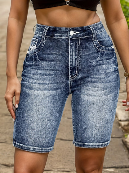 Women's Vintage-Inspired Denim Shorts - Embroidered Detail, Whiskered Wash, Casual Summer Wear