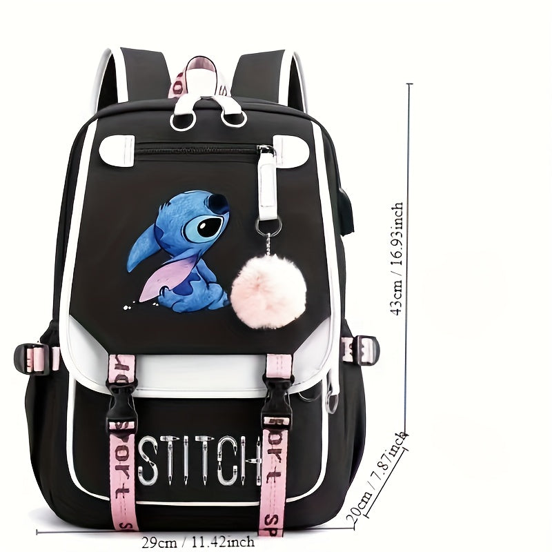 Stylish Cartoon Stitch Backpack - Durable Nylon Material, Zipper Closure, Polyester Lining, Preppy Style, Lightweight Design for School, Travel, and Daily Use - UME Brand