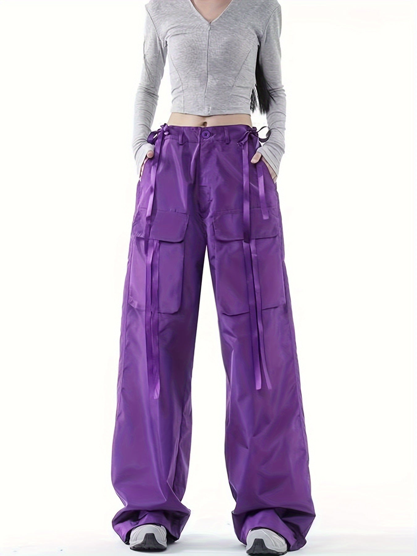 High Waist Casual Sports Trouser, Loose Fit Flap Pockets Solid Color Cargo Pants, Women's Activewear