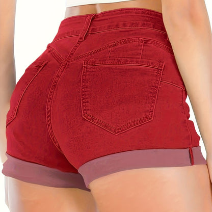 Stretchy High-Rise Denim Shorts for Women - Casual Geometric-Pattern with Roll-Up Hem, Easy Care & Summer-Ready