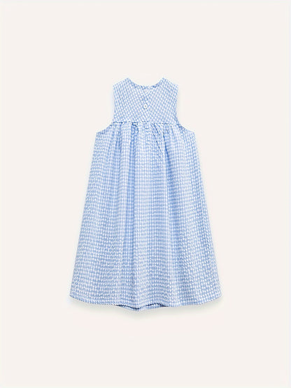 Adorable Girls Sleeveless Duck & Plaid Dress - Breathable Round Neck - Perfect for Summer Holidays - Casual & Fashionable