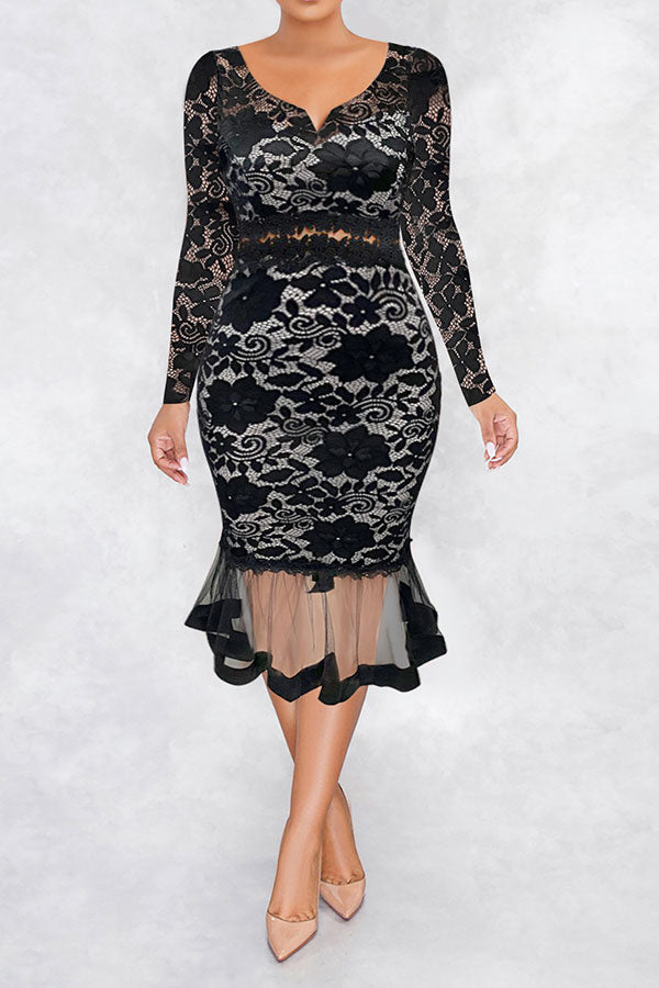 namcoverse Lace Elegant Fishtail Midi Dress