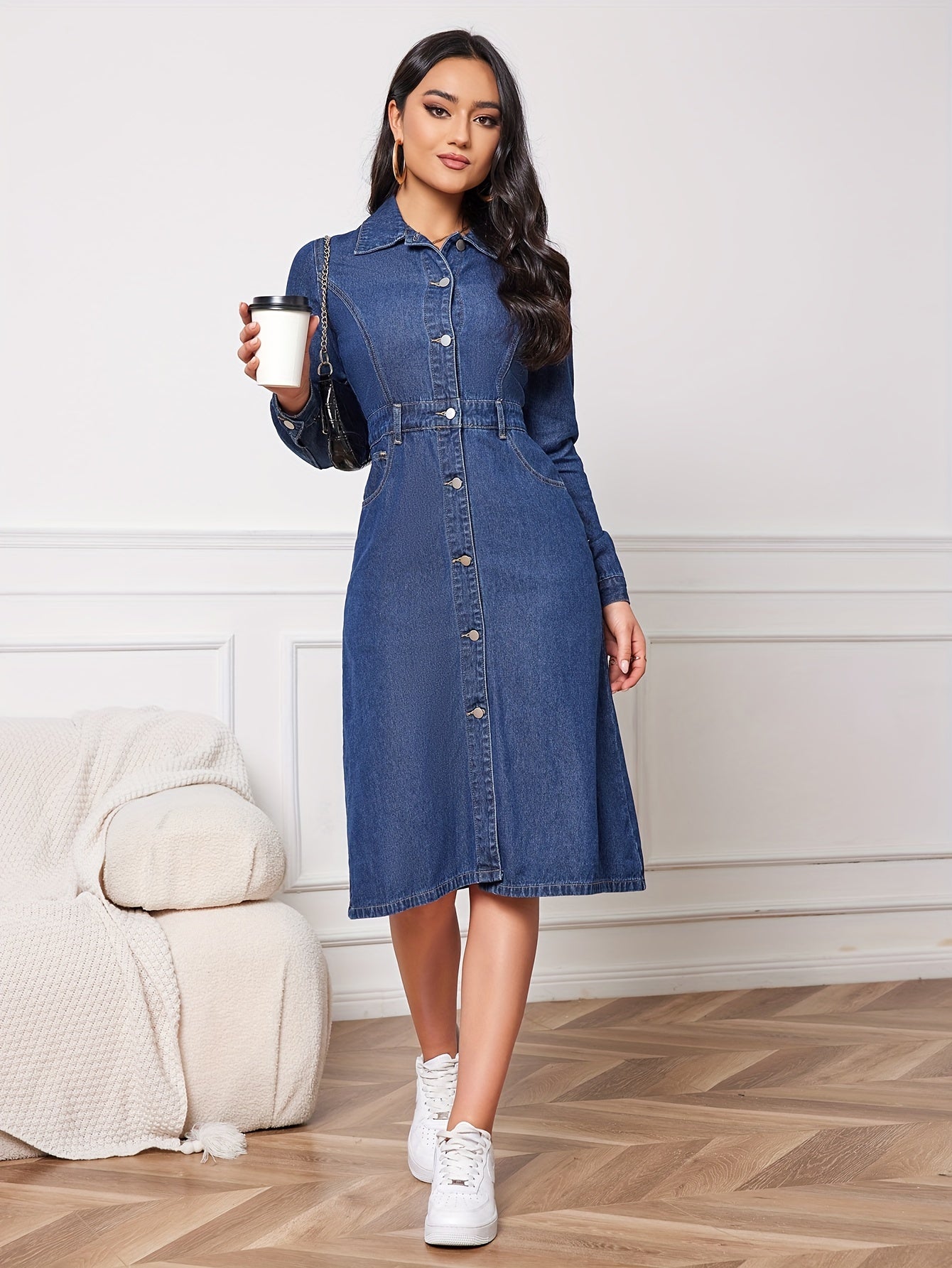 Women's Casual Plain Denim Dress, Long-Sleeve Button-Down Midi Jean Dress Versatile Fashion For Daily Wear - Perfect For Fall & Winter