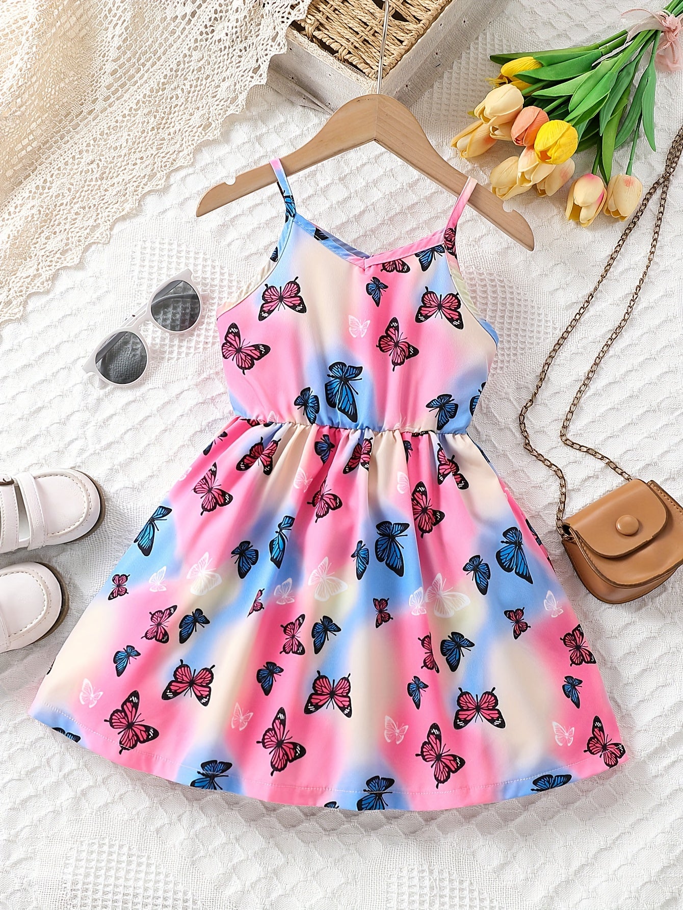 Adorable Girls Kaleidoscopic Butterfly Print Adjustable Suspender Tunic Dress - Perfect for Sun-soaked Beaches & Summer Parties