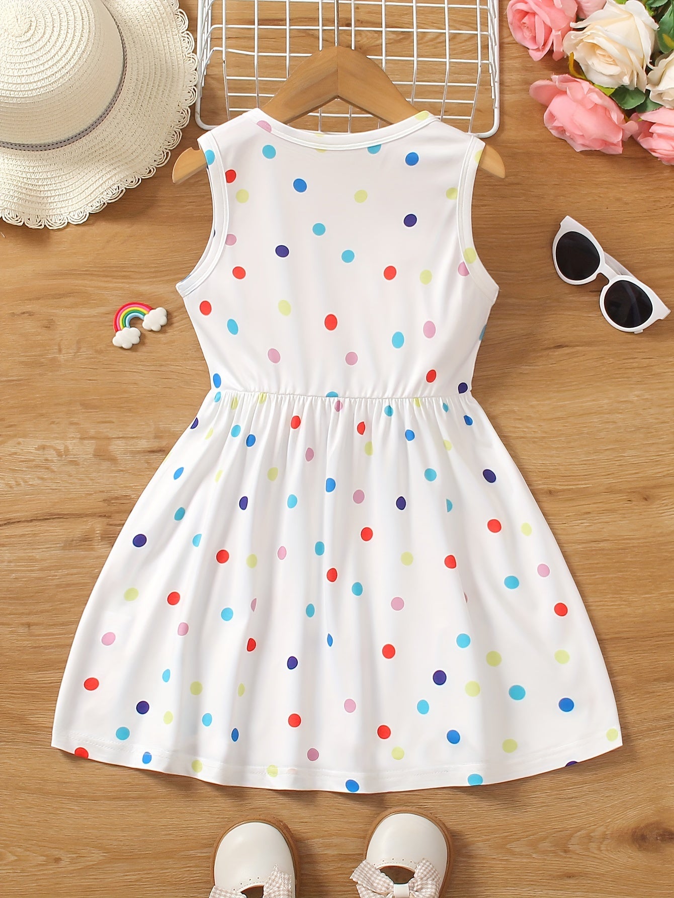 Girls Rainbow Charm - Vibrant Polka Dot Print Sleeveless Crew Neck Dress - Perfect Summer Fashion Gift for Little Princesses