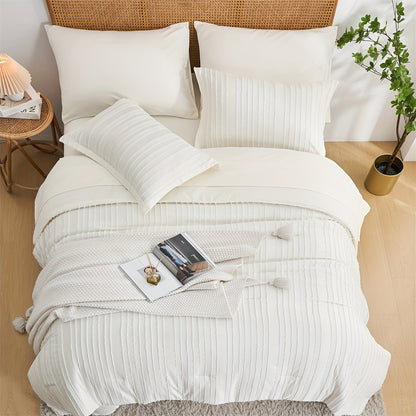 7-Piece Boho Beige Striped Comforter Set - Soft, Breathable, Skin-Friendly Bedding with Comforter, Flat Sheet, Fitted Sheet, and 4 Pillowcases - Perfect for Bedroom Room Decor, Comfortable Sleeping Experience
