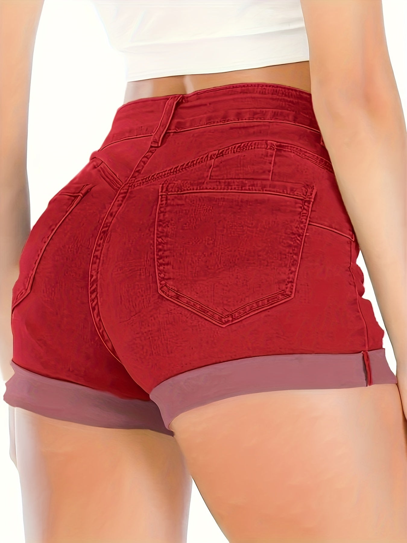 Stretchy High-Rise Denim Shorts for Women - Casual Geometric-Pattern with Roll-Up Hem, Easy Care & Summer-Ready