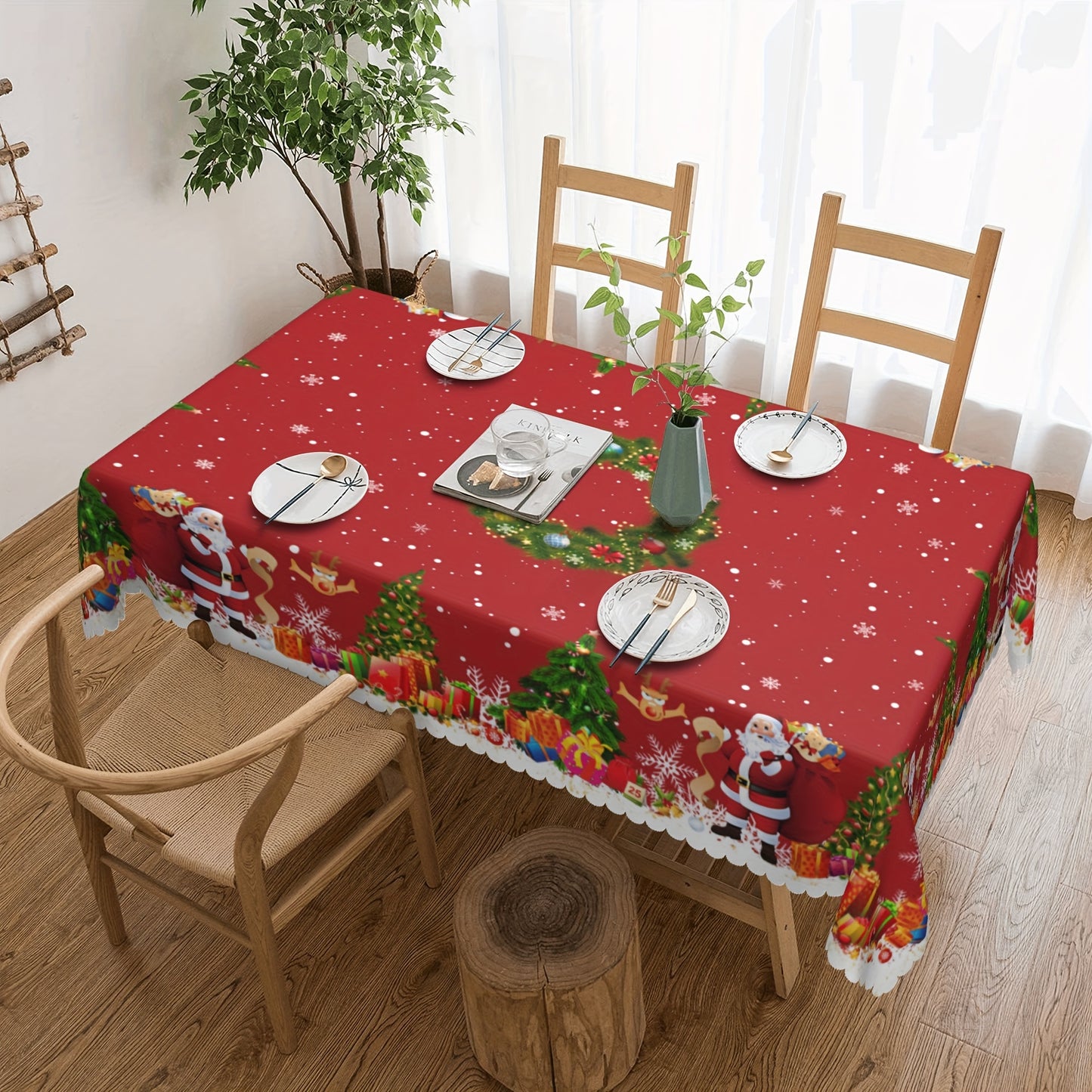 1pc Vibrant Merry Christmas Polyester Tablecloth - Pine Tree Snowflake Santa Claus Pattern, Waterproof, Stain-Resistant, Easy-to-Clean, Atmospheric Table Decor, Holiday Desktop Decoration Fabric, Home Decoration, Christmas Decor, Gift Idea for Family and