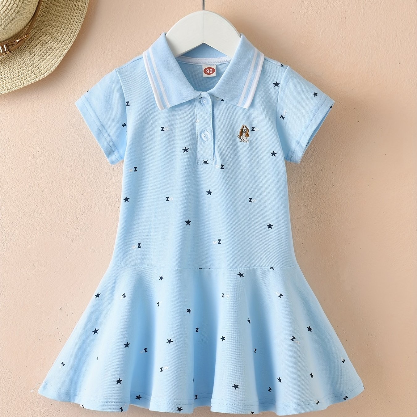 Girls' Summer Sporty Cotton Dress - Embroidered Stars, Polo Collar, Flared Ruffle Hem