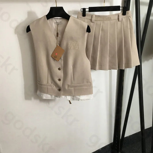 Fashion Patchwork Waistcoat Skirt Women Summer Sleeveless Button V Neck Vest Sexy Pleated Skirt Embroidery Waistcoat Skirt Two Piece Set