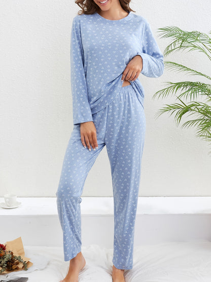 Womens Heart-Print Charm Pajama Set - Cozy Long Sleeve Crew Neck Top & Elastic Waistband Pants for Sweet Dreams & Lounging