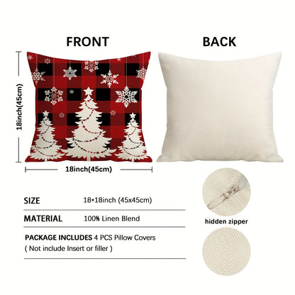 4pcs Festive Christmas Throw Pillow Covers (18"x18") - Cozy Snowman & Buffalo Plaid Designs with Zip Closure - Machine Washable Polyester - Perfect for Home & Office Decor