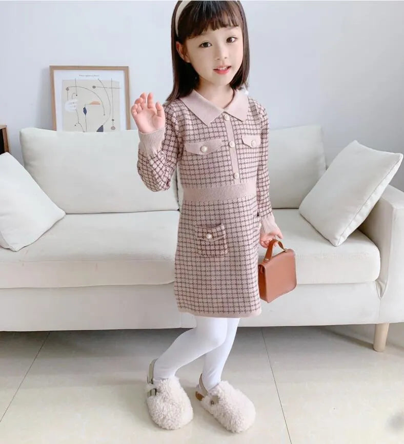 Spring Autumn Baby Girls Princess Dress Kids Knitted Turn-Down Collar Dresses Children Long Sleeve Dress With Pockets