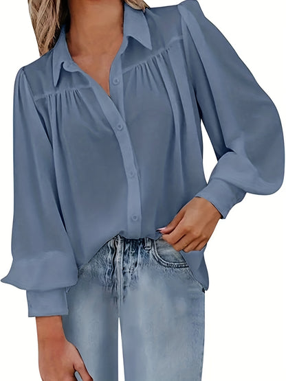 Chic Plus Size Lantern Sleeve Blouse - Comfort Stretch, Sleek Button-Up, Versatile for Work & Casual