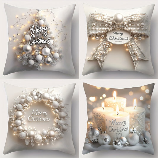 JIT, 4pcs, Christmas, new art style minimalist warm Christmas wreath, Christmas tree, candles, bow patterned pillowcase, waist, 17.72 x 17.72 inches, room decoration, office decoration, living room decoration, sofa decoration, no pillow core