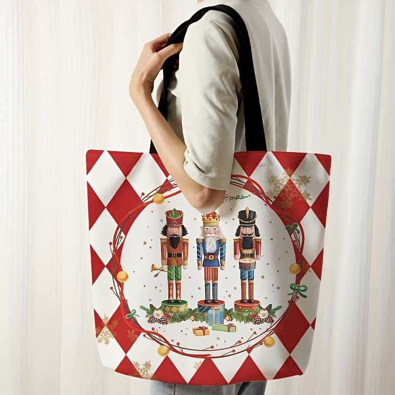 Festive Christmas Nutcracker Pattern Tote Bag - Stylish Reusable Polyester Shoulder Bag with Multi-Functional Design, Durable Casual Shopper, Letter Print, Non-Washable, Perfect for Holiday Shopping and Daily Use