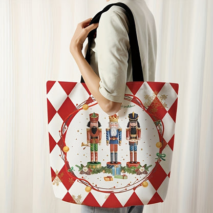 Festive Christmas Nutcracker Pattern Tote Bag - Stylish Reusable Polyester Shoulder Bag with Multi-Functional Design, Durable Casual Shopper, Letter Print, Non-Washable, Perfect for Holiday Shopping and Daily Use