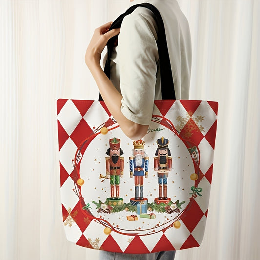 Festive Christmas Nutcracker Pattern Tote Bag - Stylish Reusable Polyester Shoulder Bag with Multi-Functional Design, Durable Casual Shopper, Letter Print, Non-Washable, Perfect for Holiday Shopping and Daily Use