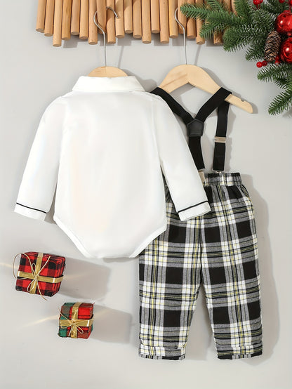 2pcs, Bodysuit With A Bow Tie And Xmas/Black And Grey Plaid Suspenders Pants For Baby Boys, Outdoor Cloth