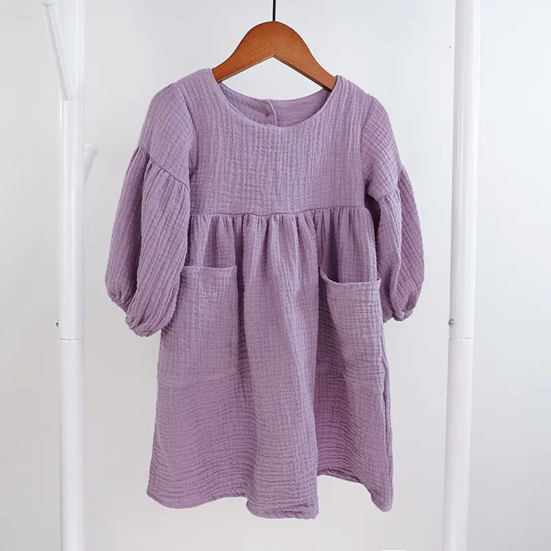 Girl's Dresses Autumn Spring Children's Clothing Organic cotton Double Gauze Loose Pocket Baby Girls Dress Fashion Princess Casual Children's Dress 230407