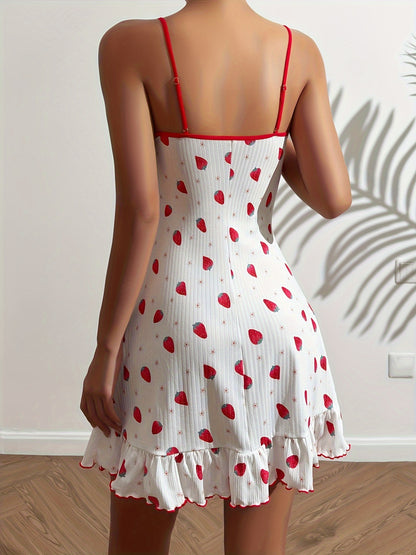 Romantic Strawberry Print Nightdress - Soft Slip Sleep Dress with Lettuce Trim for Womens Dreamy Slumber & Lounging