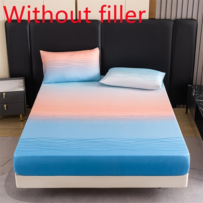 3pcs Polyester Printed Fitted Sheet Set - 1 Fitted Sheet With 2 Pillowcases No Filler, Gradient Blue Ocean Wave Design, Bedroom Decor