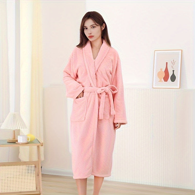 1pc Women's Plain Bathrobe, Long Sleeve Long Bathrobe With Pocket, Soft And Comfortable Loungewear, Robe For Home Beach Pool Gym Travel, Bathroom Supplies