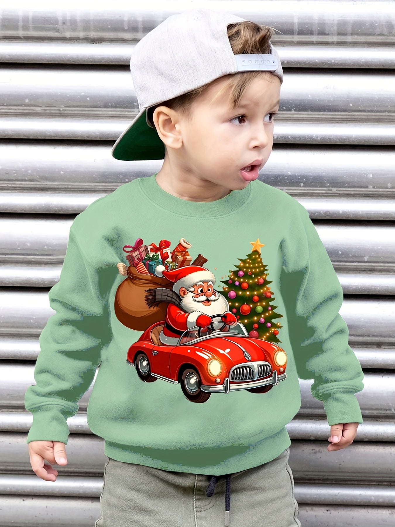 Boys' Cozy Fleece-Lined Christmas Sweatshirt with Santa & Car Print - Casual Long Sleeve Pullover for Fall/Winter