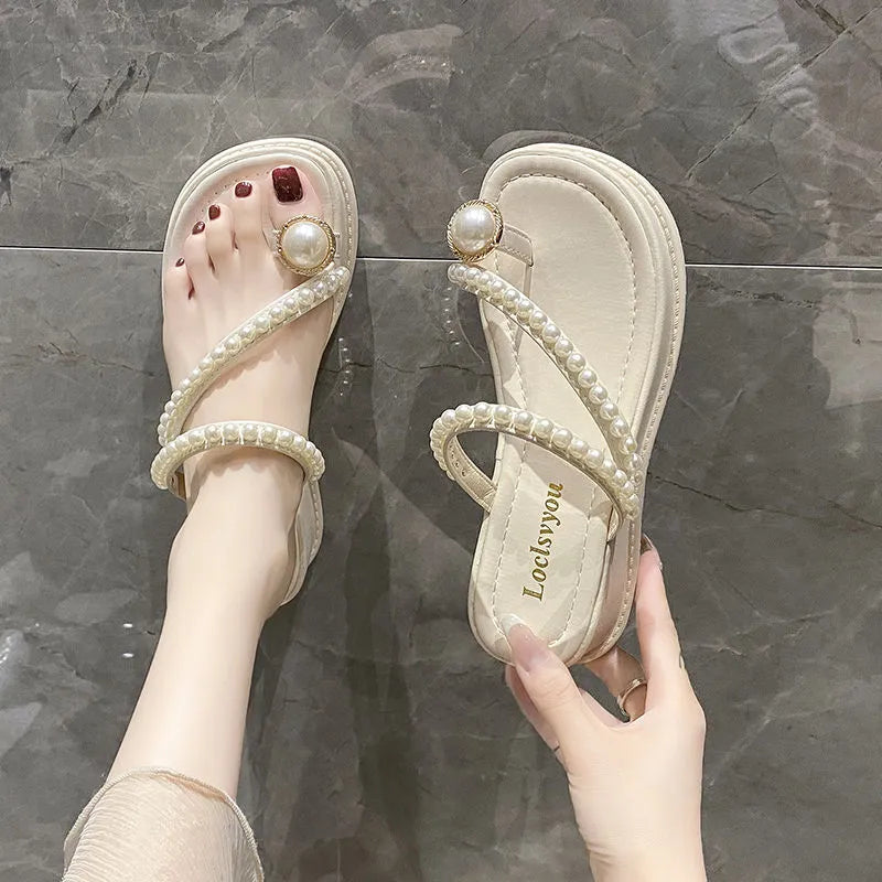 Summer Fashion High-Heeled Flip-Flops Outdoor Thick Sole Non-Slip Wedge Sandals Rhine-Diamond Beach Slippers