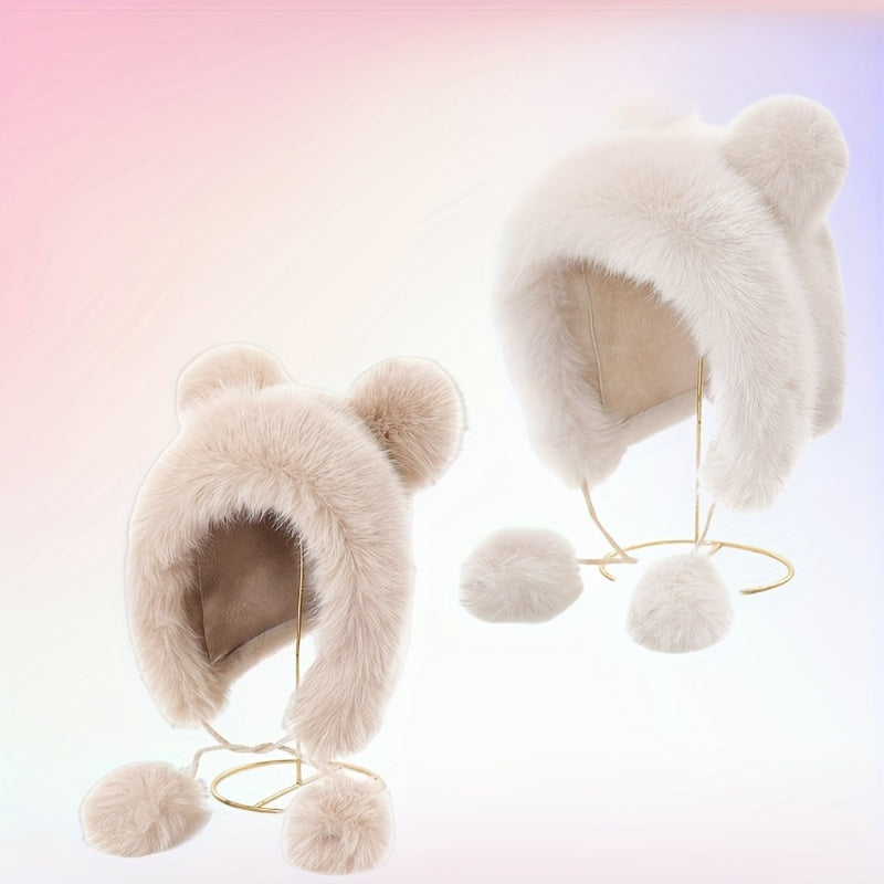 Cozy Plush Bear Ear Beanie For Women - Warm, Stretchy Acrylic Winter Hat With Ear Flaps, Fashionable & Versatile