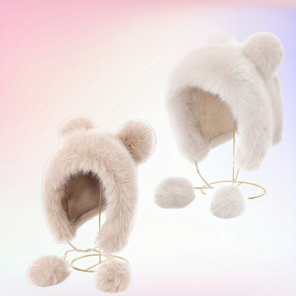 Cozy Plush Bear Ear Beanie For Women - Warm, Stretchy Acrylic Winter Hat With Ear Flaps, Fashionable & Versatile