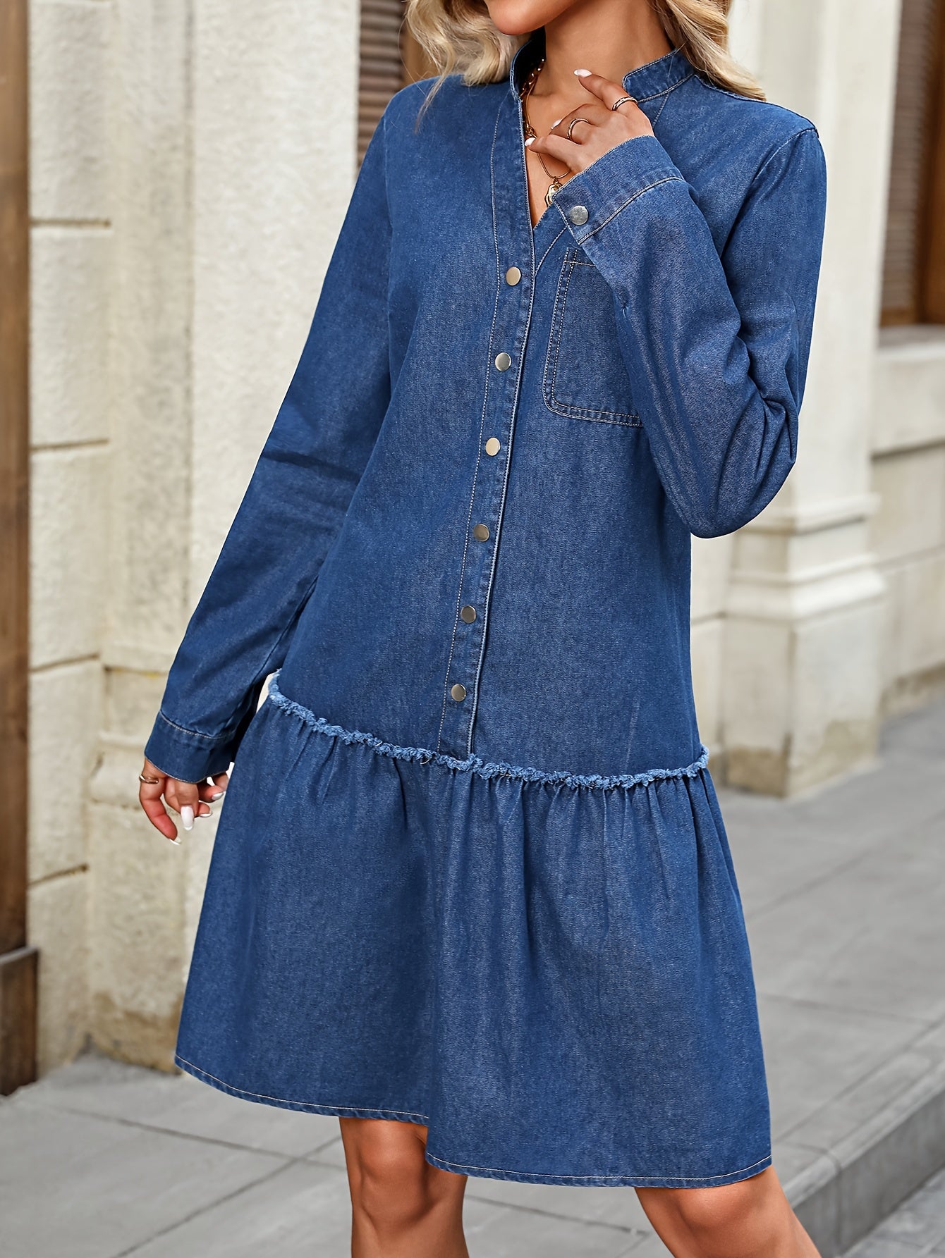 V Neck Plain Dark Washed Blue Ruffled Long Sleeve Elegant Denim Dress, Women's Denim Jeans & Clothing