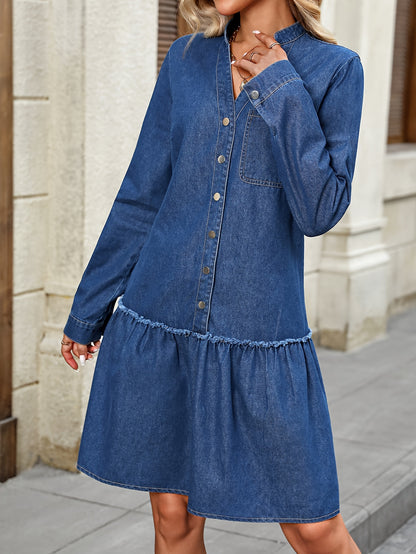 V Neck Plain Dark Washed Blue Ruffled Long Sleeve Elegant Denim Dress, Women's Denim Jeans & Clothing