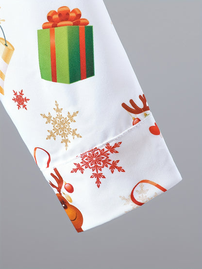 Christmas Fun Boys' Long Sleeve Button-Down Shirts - Merry Santa Claus and Deer Allover Print Tops for Spring and Fall Outwear - Comfortable Casual Wear for Holiday Season