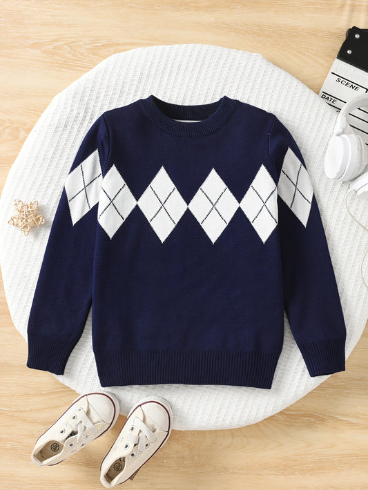 Boys' Classic Argyle Knit Pullover Sweater - Casual Crew Neck, Long Sleeve, Viscose Blend, Medium Stretch, Regular Fit for School Year-Round Wear