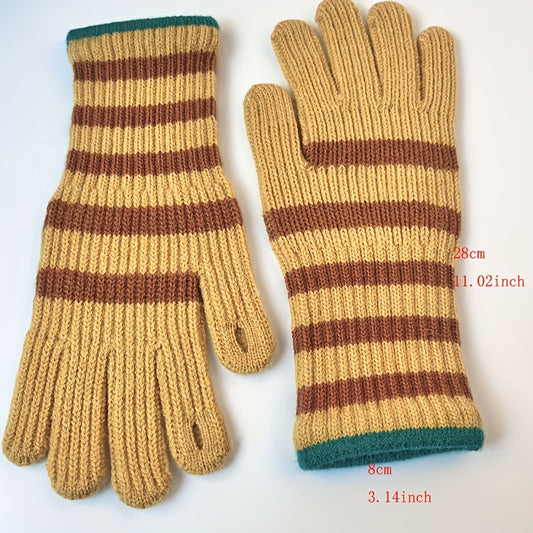 Striped Warm Knit Gloves, Touch Screen Wrist Cover Winter Windproof Gloves, Non-slip Outdoor Cycling Gloves For Students