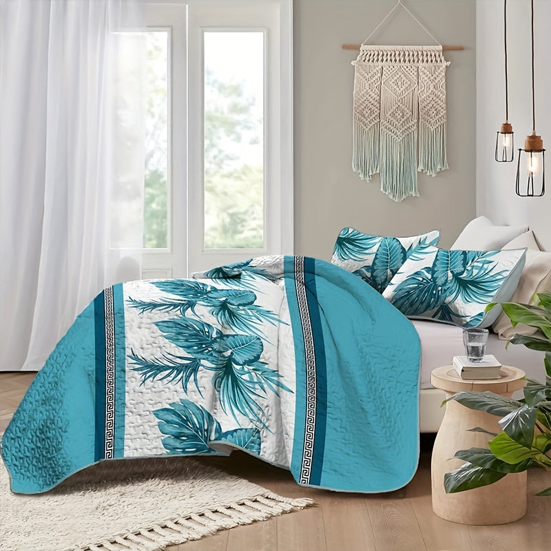 3-Piece Bedspread Set - Soft, Lightweight, and Vibrant Blue Leaf Plant Flower Print - Perfect for Home and Bedroom Decoration, All-Season Comfort