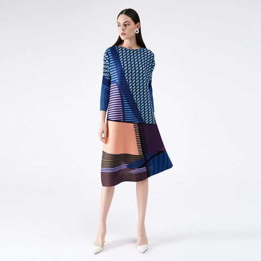 0C475M15 # Summer Women's Dress Japanese and Korean Casual Pleated Round Neck Geometric Digital Printing