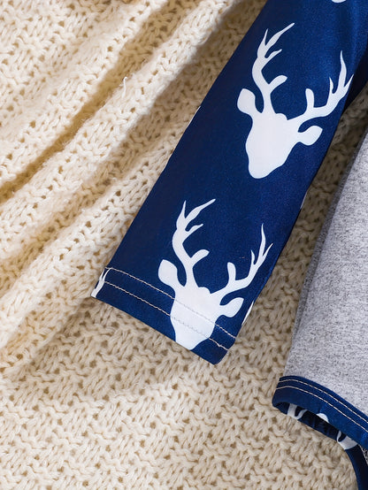 2pcs Elk Pattern Bodysuit & Hat & Casual Pants Set, Cartoon Splicing Toddler & Infant Boy's Clothing for Spring Fall Christmas, Outdoor