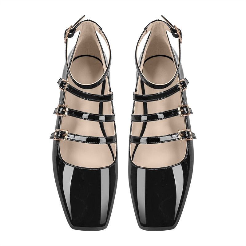 flowersverse - Women Flats Square Toe Patent Leather Mary Jane  Strap Retro Elegant Big Size Daily Flats Pumps